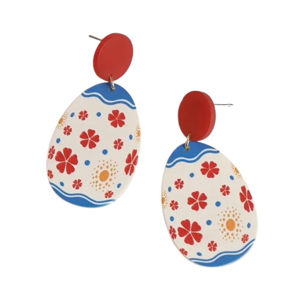 Red Blue Floral Easter Egg Dangle Earrings 18$